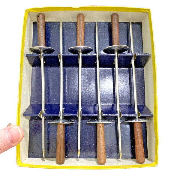 Vintage Hors D’oeuvre Skewer Set of 6 Rosewood & Stainless Steel Made in Japan - Picture 3 of 7